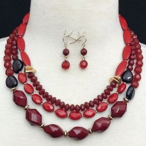 3 row Red Bead Layered Necklace Earrings Set